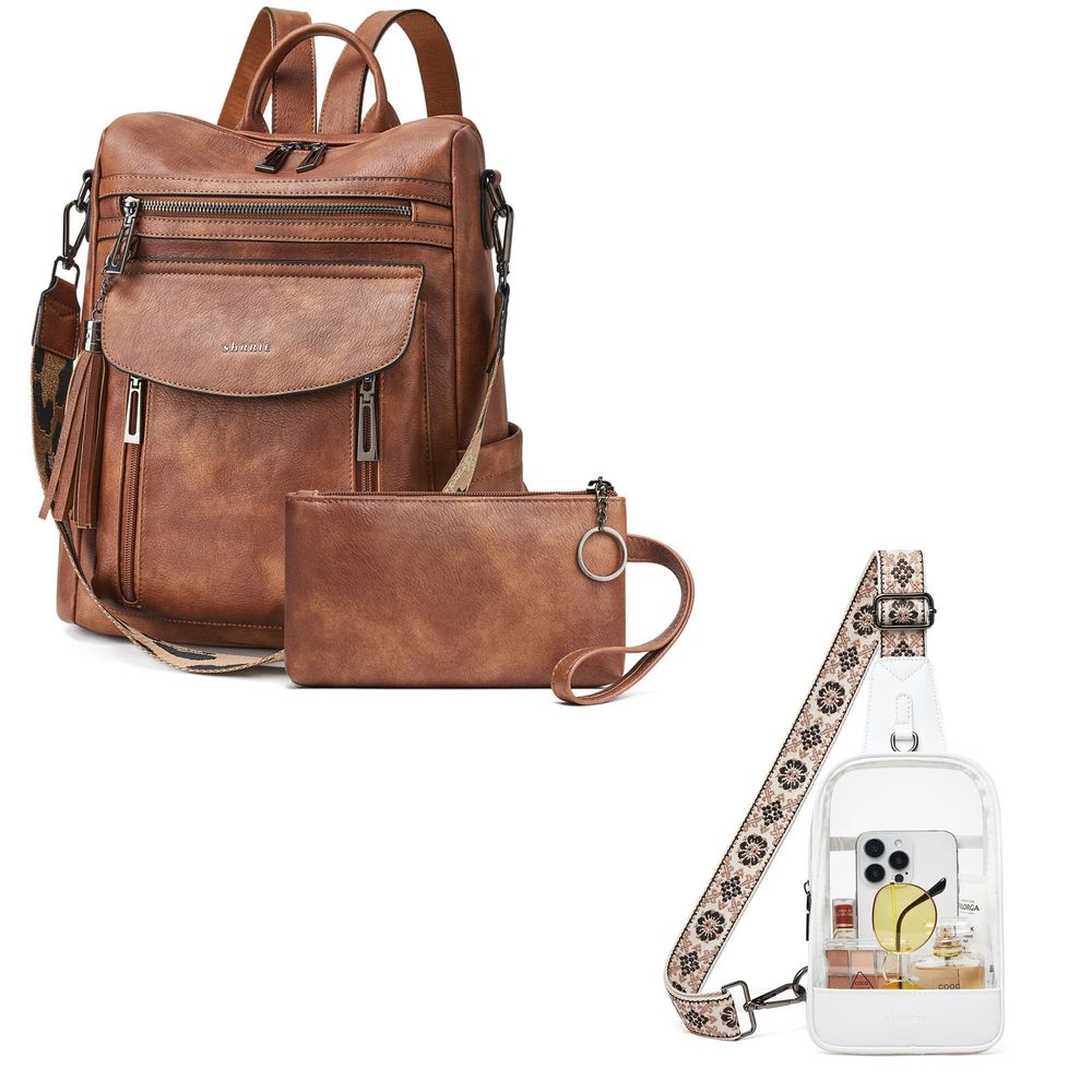 Backpack Purse for Women + Clear Bag Stadium Approved Brown&Beige🧐